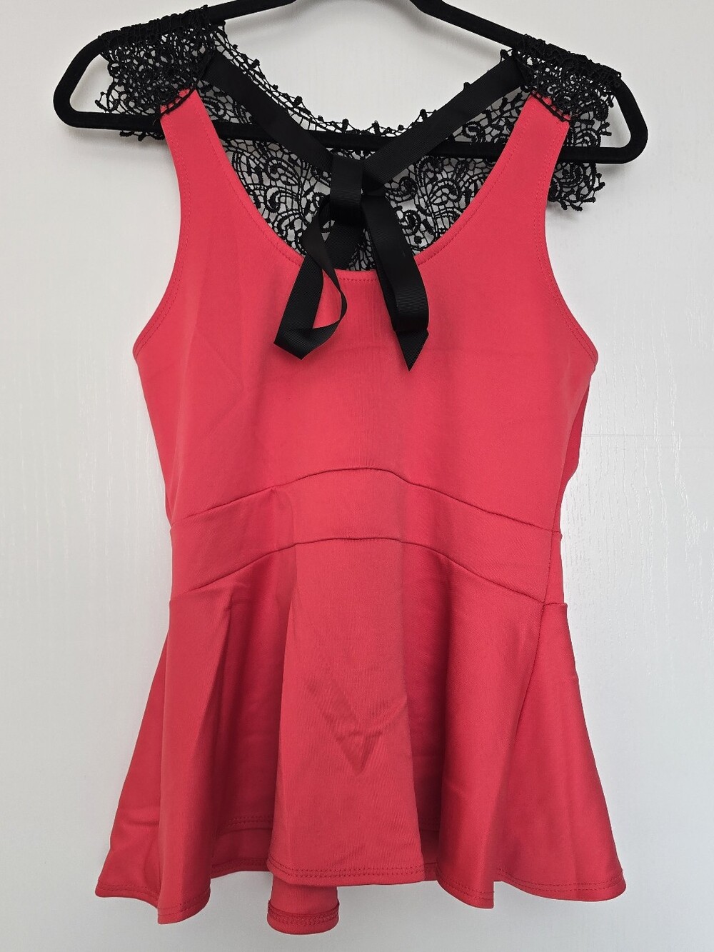 Blu Planet - Coral Pink Peplum Black Lace Open Back Bow Top